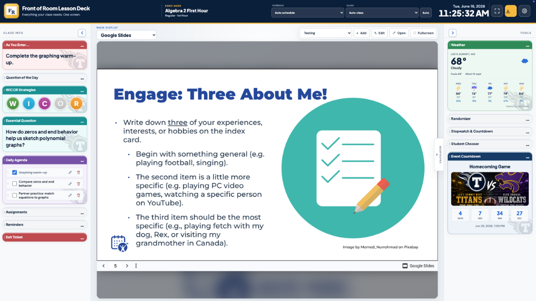 Front of Room dashboard with widgets, Google Slides, and classroom tools